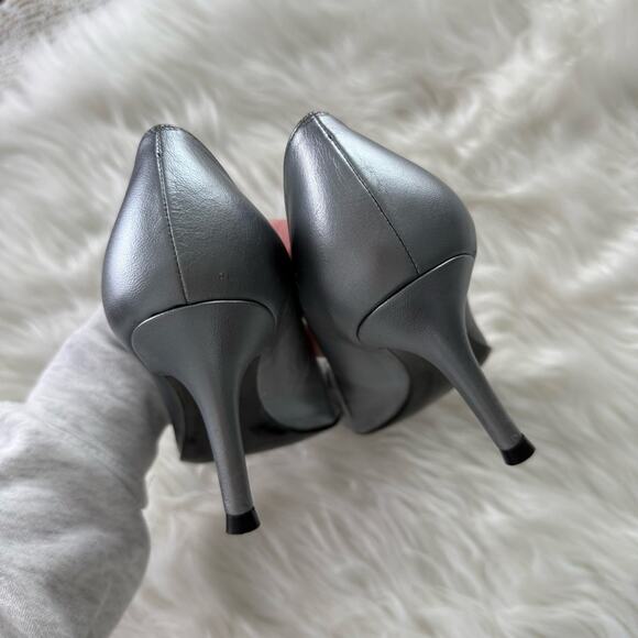 Stuart Weitzman | Women’s Silver Chantelle Chantilly Lace Leather Peep Toe Heels - Picture 9 of 14